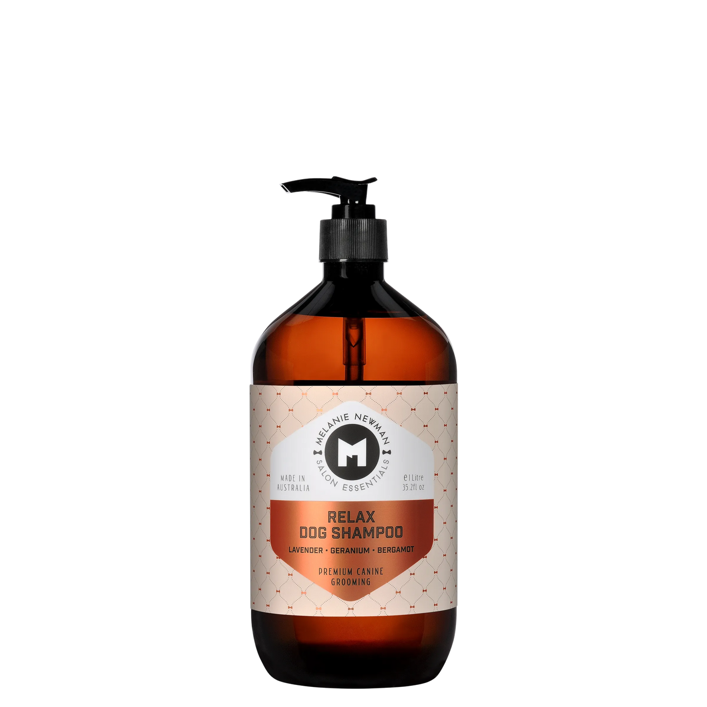 Melanie Newman Relax Dog Shampoo bottle with lavender, geranium, and bergamot for gentle, hydrating canine grooming