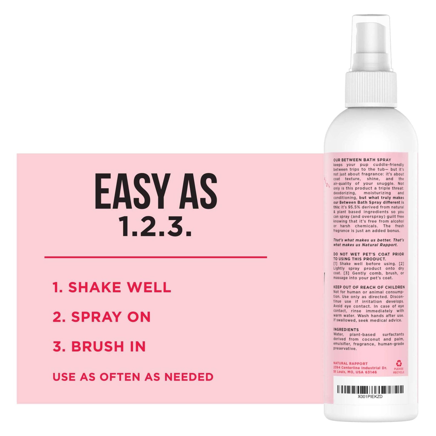 Natural Rapport Bath Spray Dogs floral coconut scent bottle with usage instructions