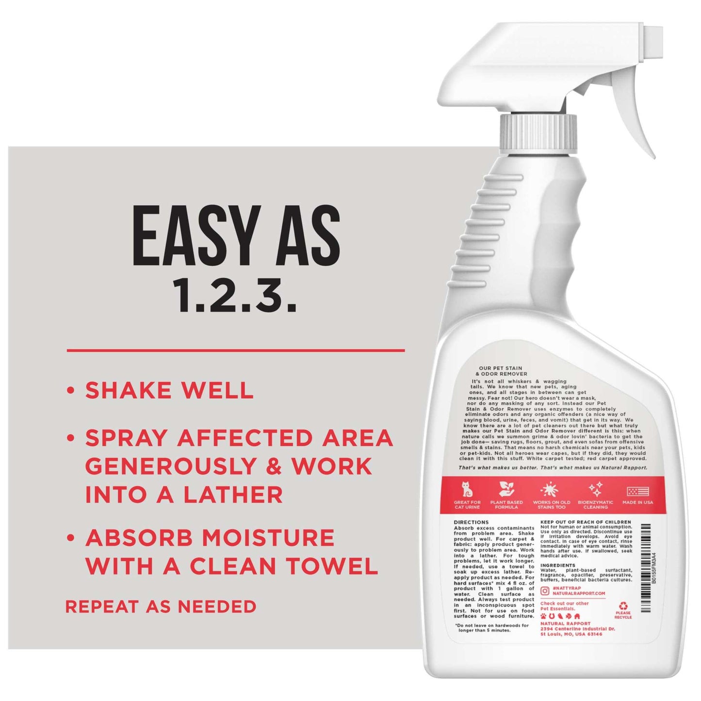 Natural Rapport pet stain and odor remover spray bottle for carpets and upholstery safe for pets and family
