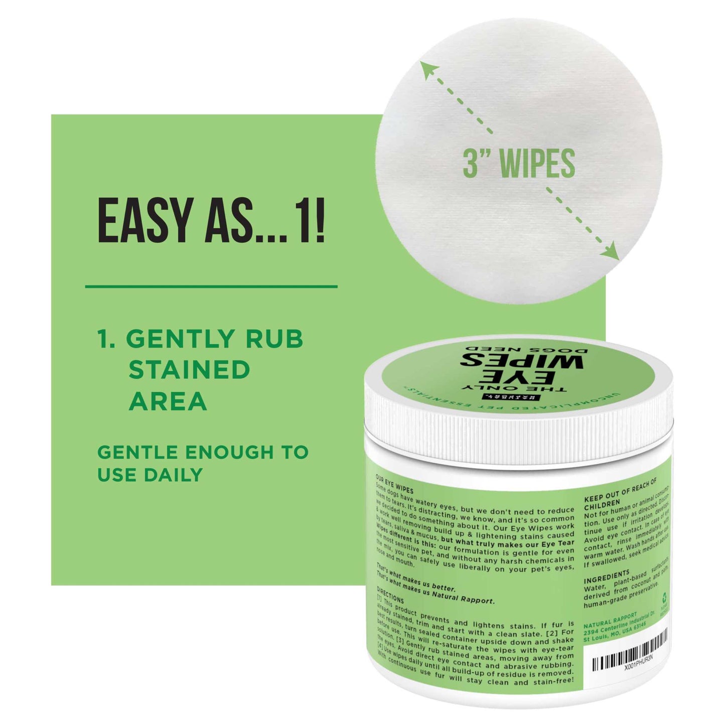 Natural Rapport Eye Wipes Dogs container with 3-inch wipes for gentle daily eye cleaning and tear stain removal