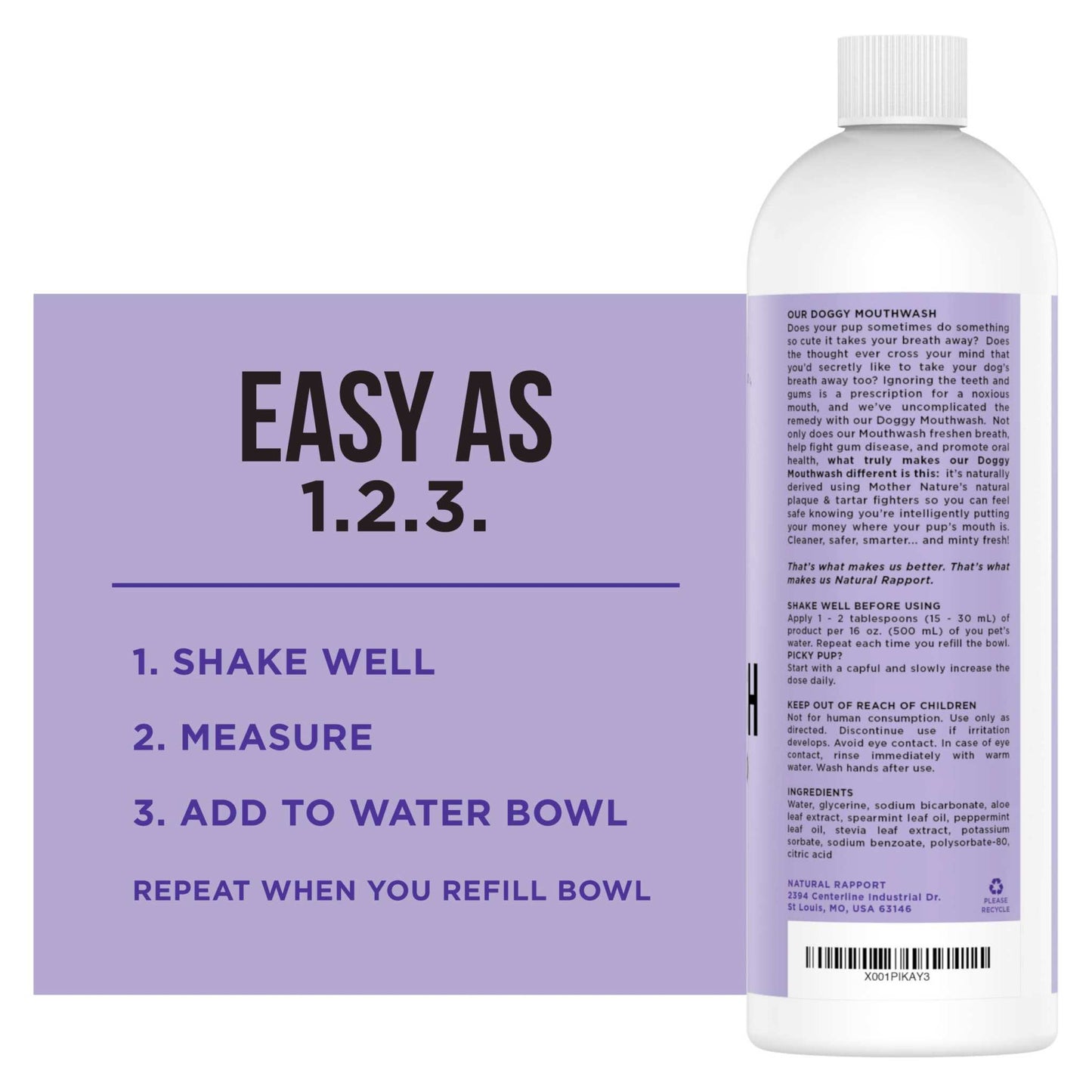 Natural Rapport Doggy Mouthwash Dogs bottle with usage instructions for fresh breath and oral health in dogs
