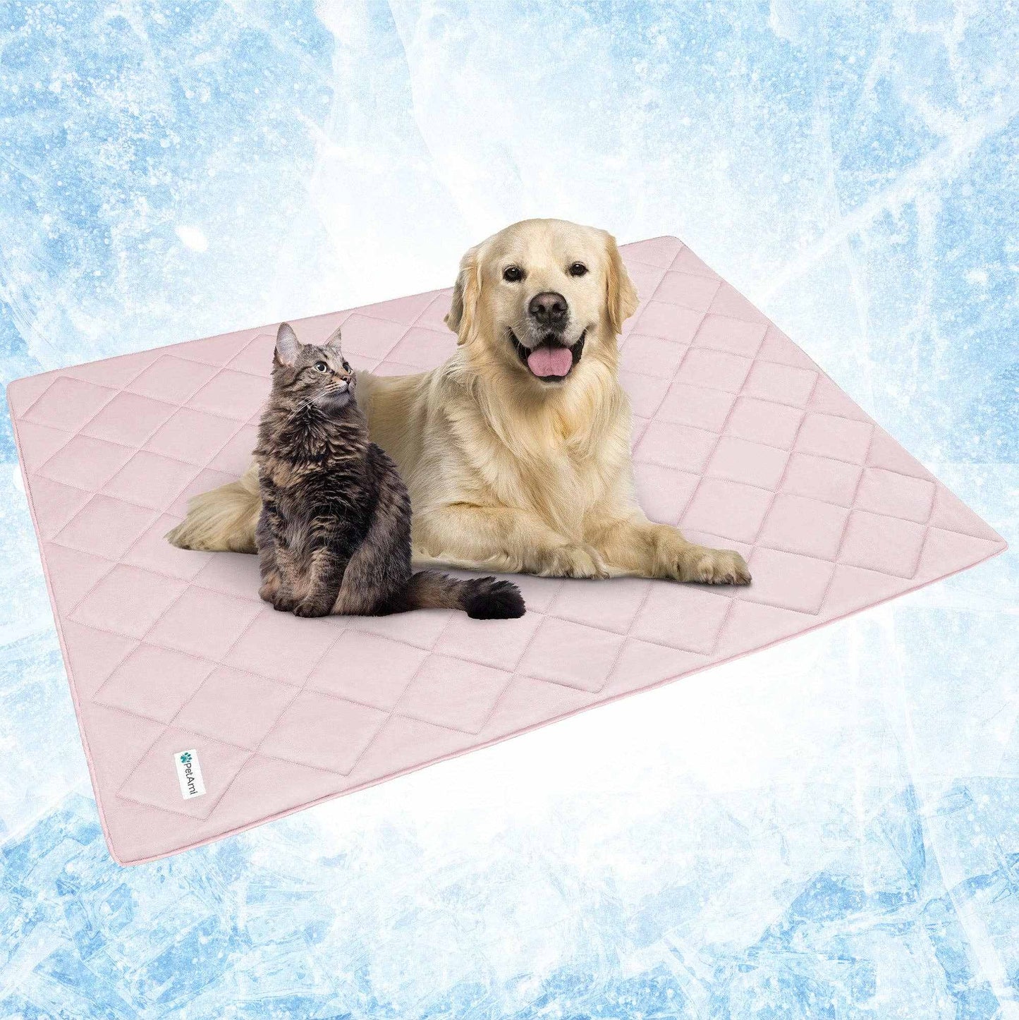 Cooling pet dog blanket with soft fabric, featuring a dog and cat resting comfortably on a quilted surface.