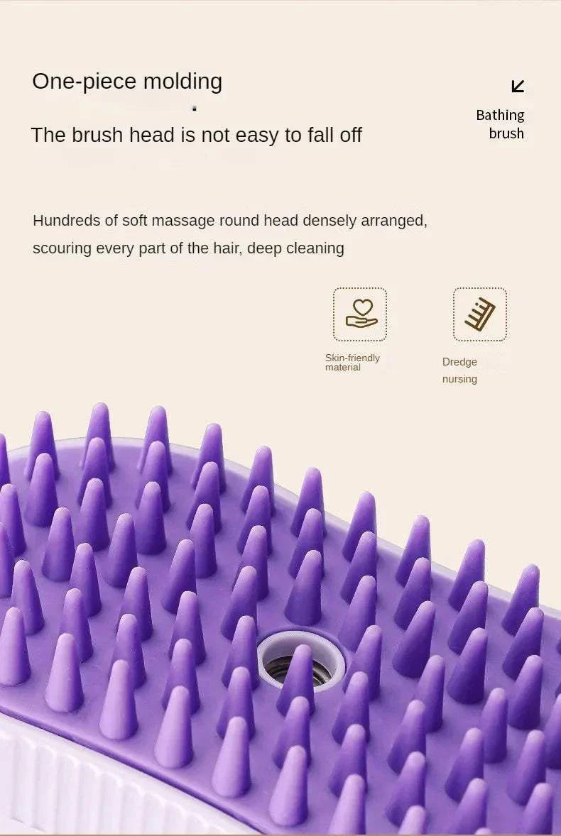 Purple steam pet brush grooming tool with soft massage bristles for dogs and cats