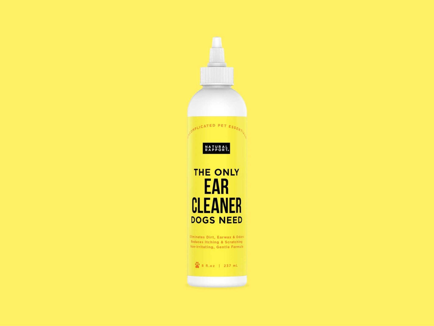 Ear Cleaner Dogs bottle by Natural Rapport on yellow background.