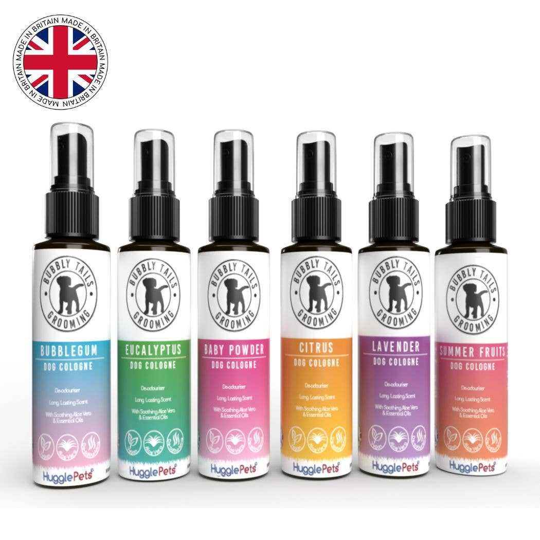 HugglePets Bubbly Tails Dog Cologne spray collection with bubblegum, eucalyptus, baby powder, citrus, lavender, and summer fruits scents for fresh, odor-free dog grooming