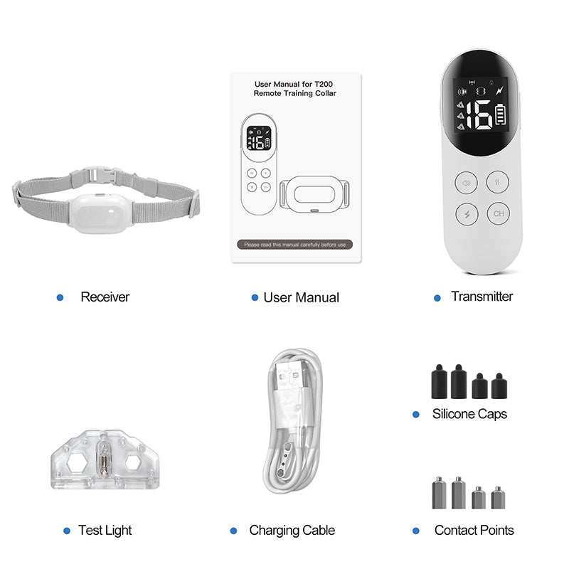 T200 Remote Waterproof Training Anti Bark Collar kit with receiver, transmitter, user manual, charging cable, test light, silicone caps, and contact points