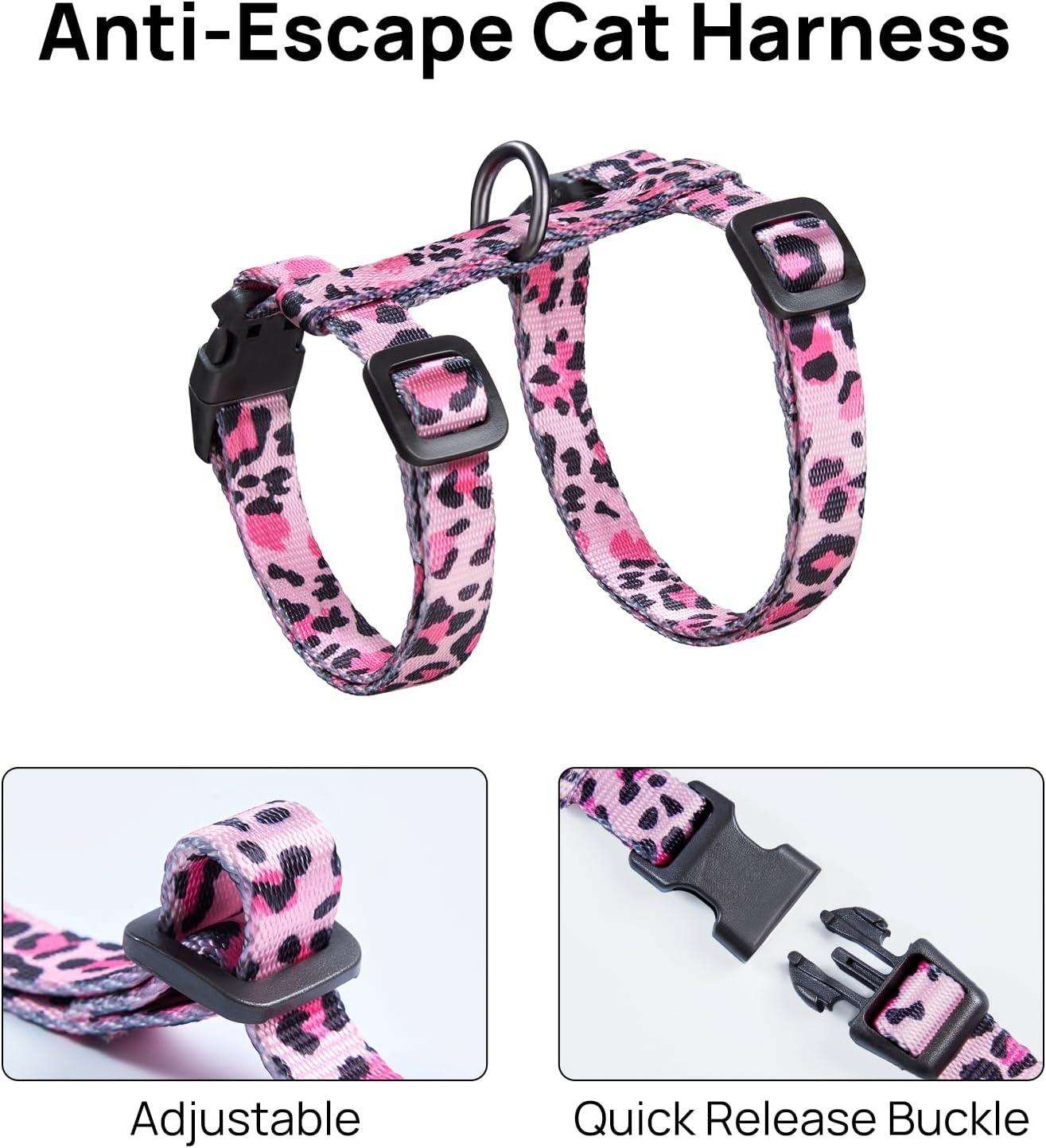 Pink leopard print adjustable cat harness with quick release buckle and anti-escape design.