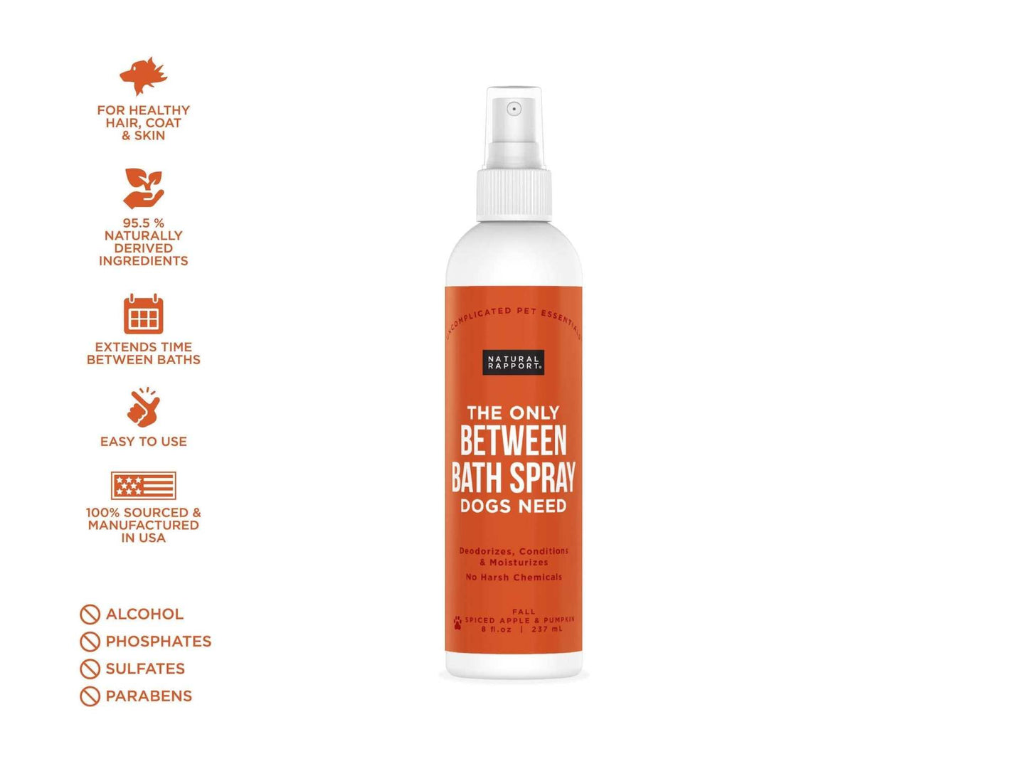 Natural Rapport Bath Spray for Dogs with Spiced Apple & Pumpkin scent, alcohol-free odor eliminator and fur conditioner
