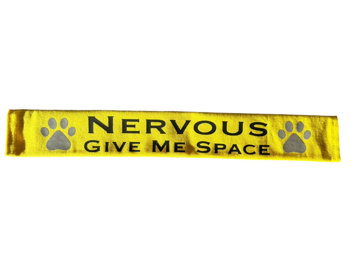 Yellow reflective lead slip for dogs with "Nervous Give Me Space" text and paw prints for safety and communication