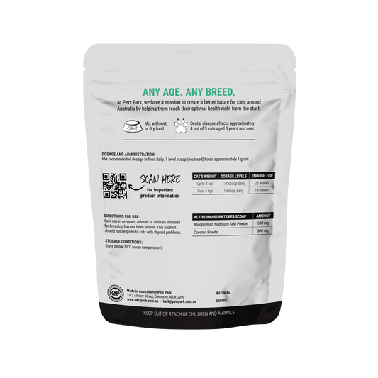 PetzPark Plaque Control for Cats dental powder reducing plaque and tartar with coconut and kelp ingredients pack back view