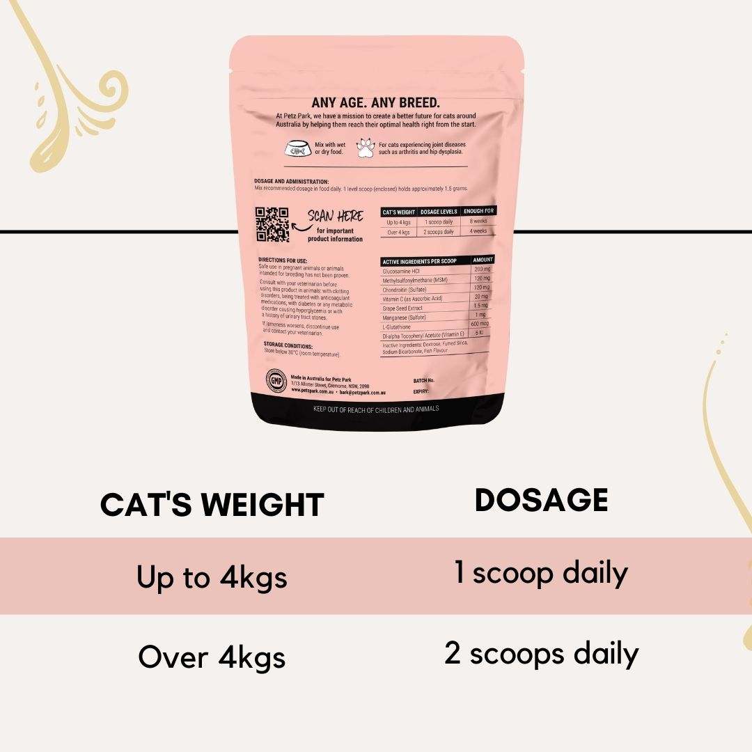 PetzPark Hip and Joint supplement for cats supporting joint health and mobility with daily dosage guidelines on pink packaging