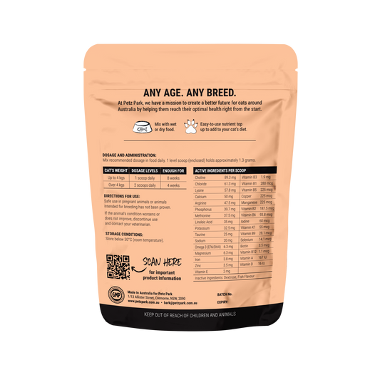 PetzPark Multi Vitamin for Cats supplement bag with dosage and ingredients details