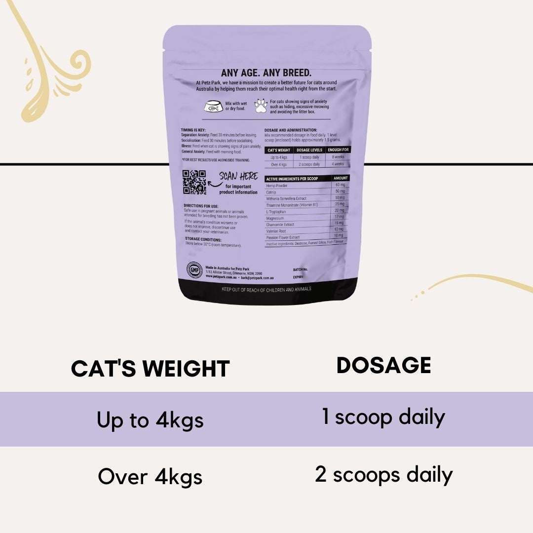 PetzPark Stress calming powder for cats with dosage guide based on cat's weight