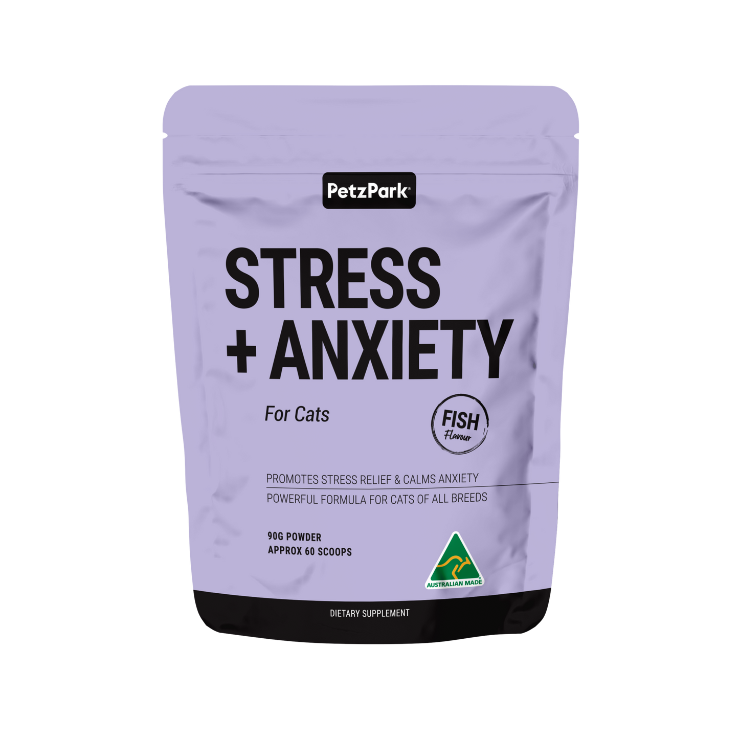 PetzPark Stress + Anxiety calming powder for cats with fish flavor, reduces stress and anxiety, 90g dietary supplement, Australian made