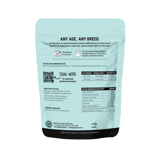 PetzPark powdered supplement for cat urinary tract and kidney health in resealable pouch