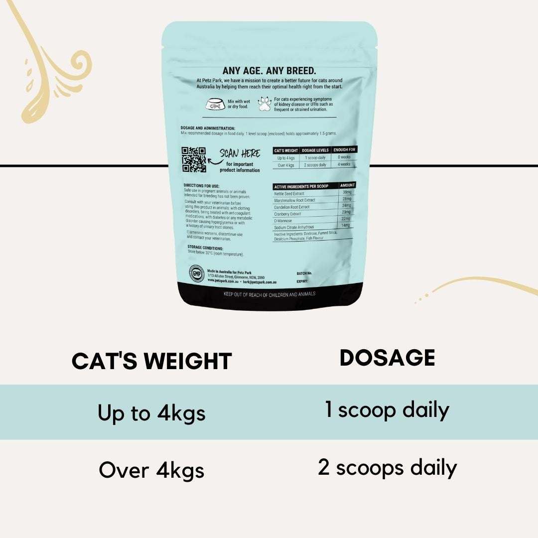 PetzPark powdered supplement for cat urinary and kidney health with dosage instructions on packaging