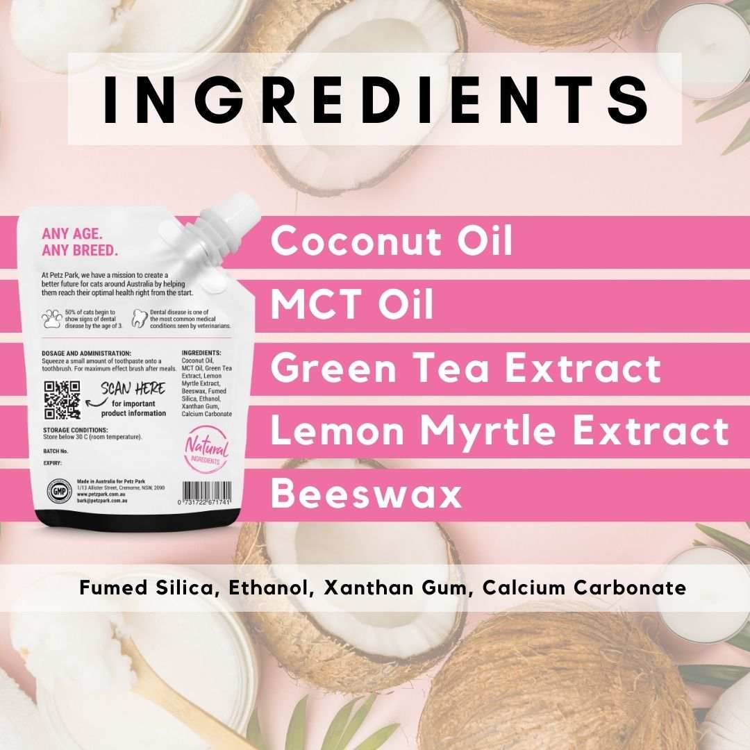 PetzPark Toothpaste for Cats with natural coconut oil, green tea, lemon myrtle, grain-free dental gel for fresh breath and plaque control