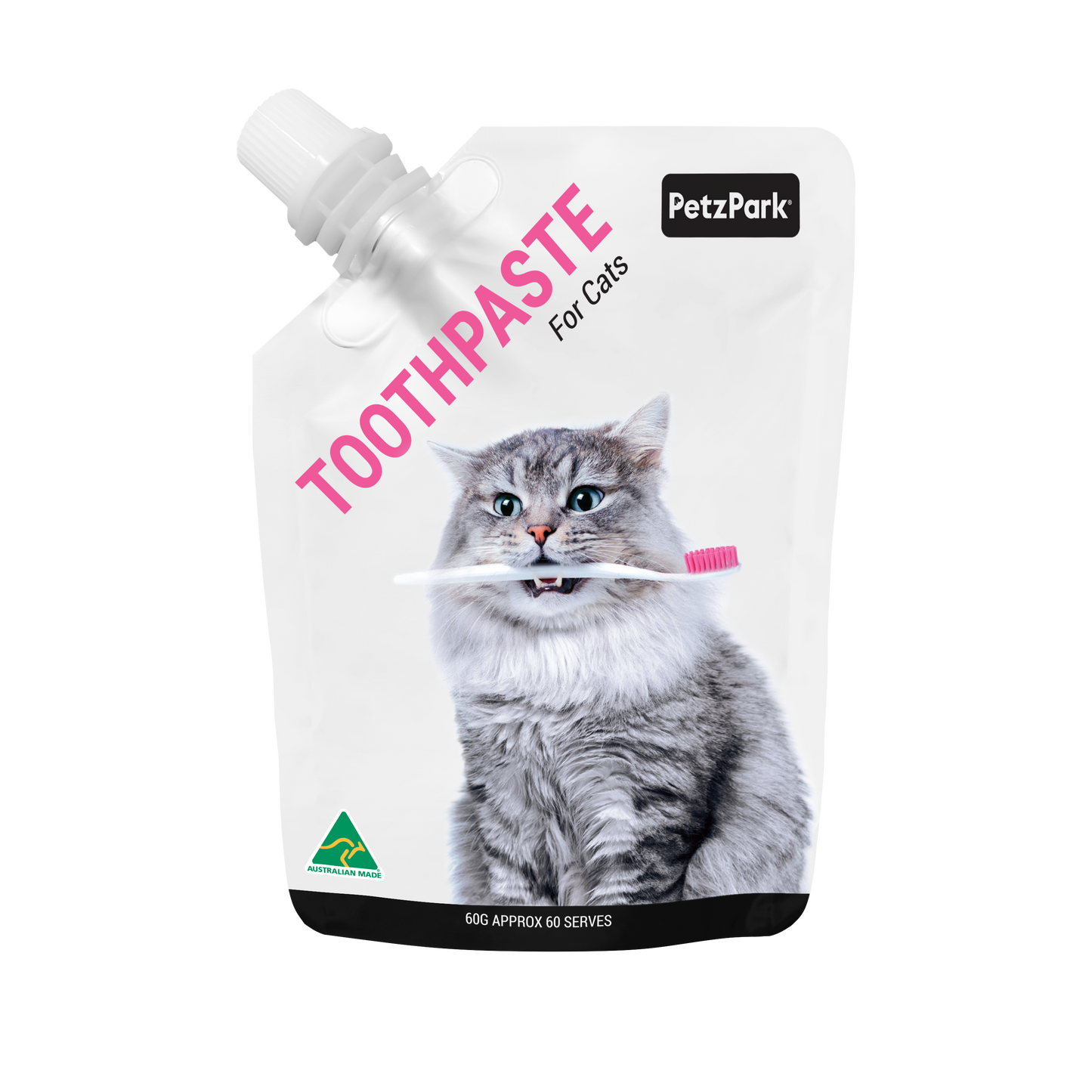 PetzPark Toothpaste for Cats 60g pouch with gray cat holding pink toothbrush promoting dental care with natural ingredients.