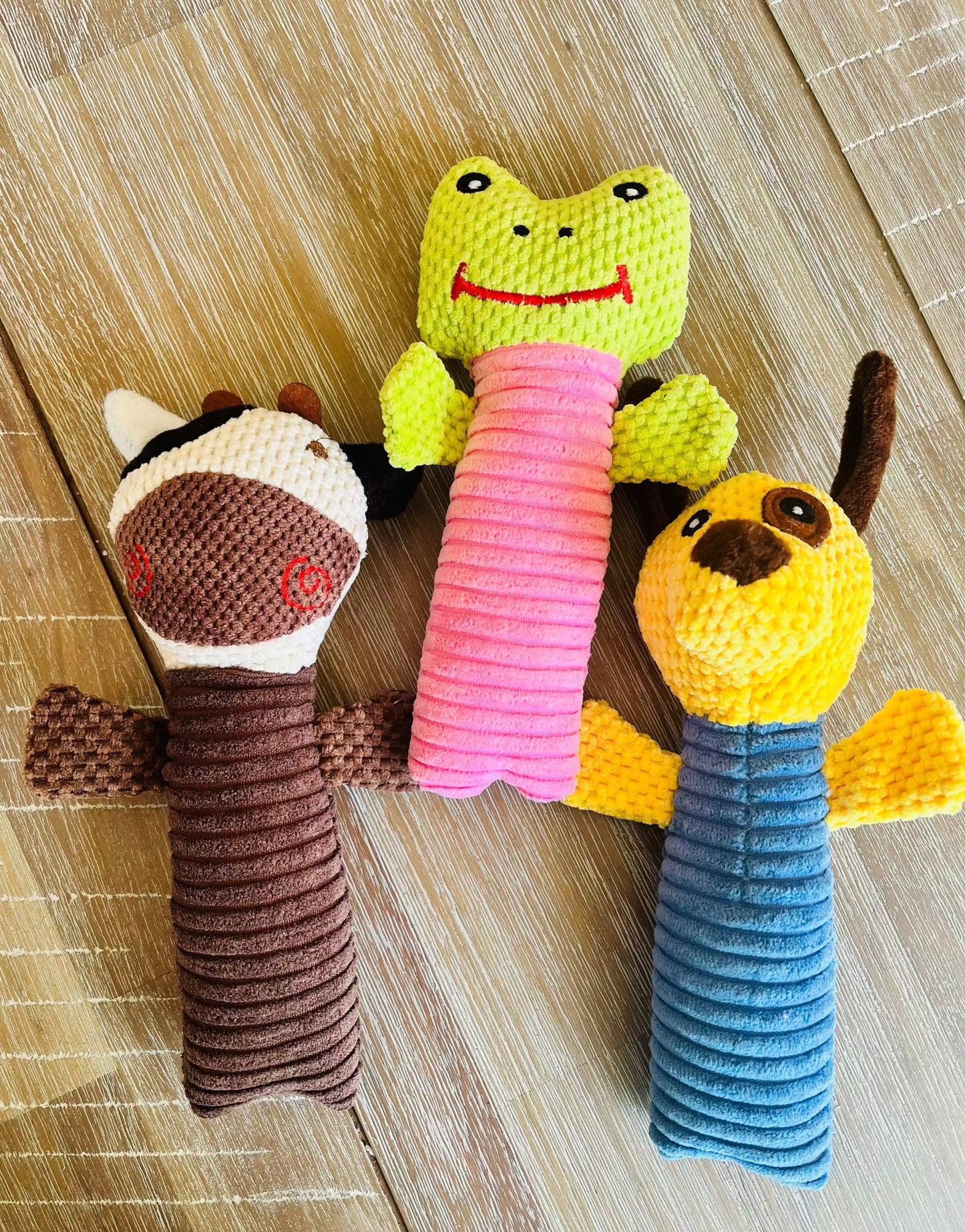 Cute squeeker dog toys in frog, dog, and cow designs for small dogs with soft textured fabric
