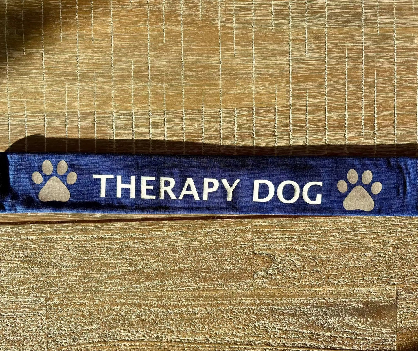 Blue therapy dog lead slip with reflective paw prints and white text
