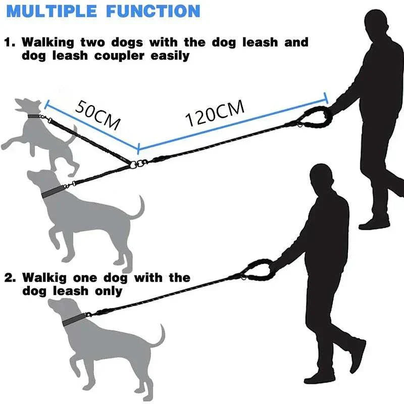 Dual bungee rope leash with 120cm main lead and 50cm extension for walking two dogs simultaneously