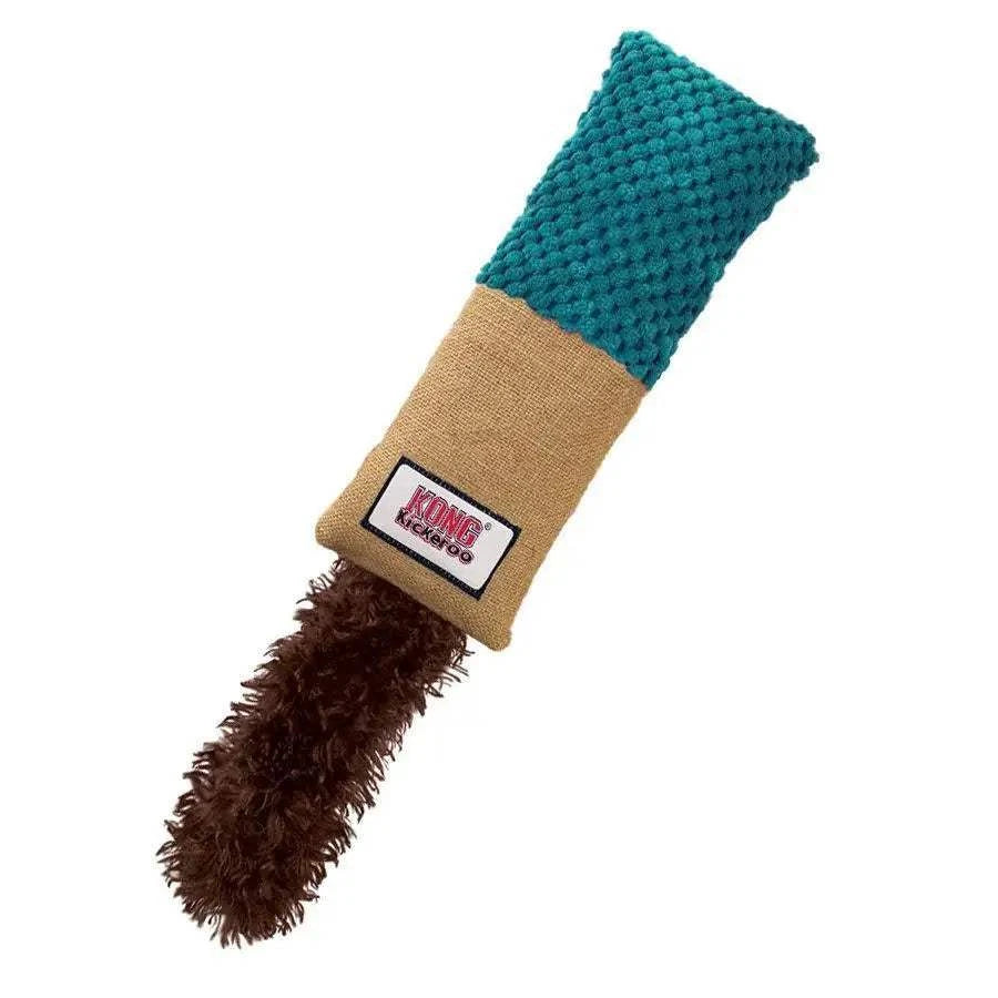 KONG Kickeroo Cuddler Cat Toy with plush and burlap textures and fluffy tail.
