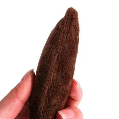 Hand holding brown plush Interactive Plush Kicker Cat Toy for teeth grinding and play