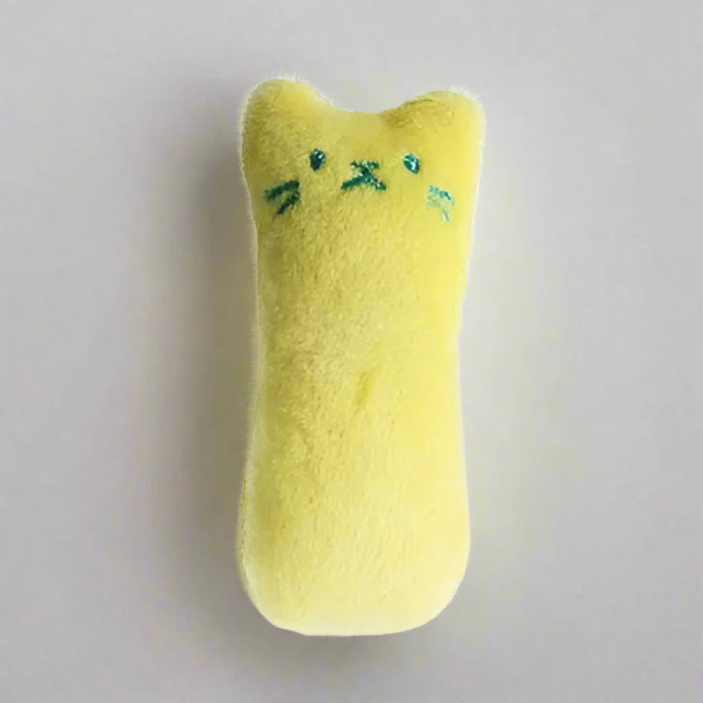 Interactive plush kicker cat toy with catnip scent and vocal feature for playful chewing and teeth grinding