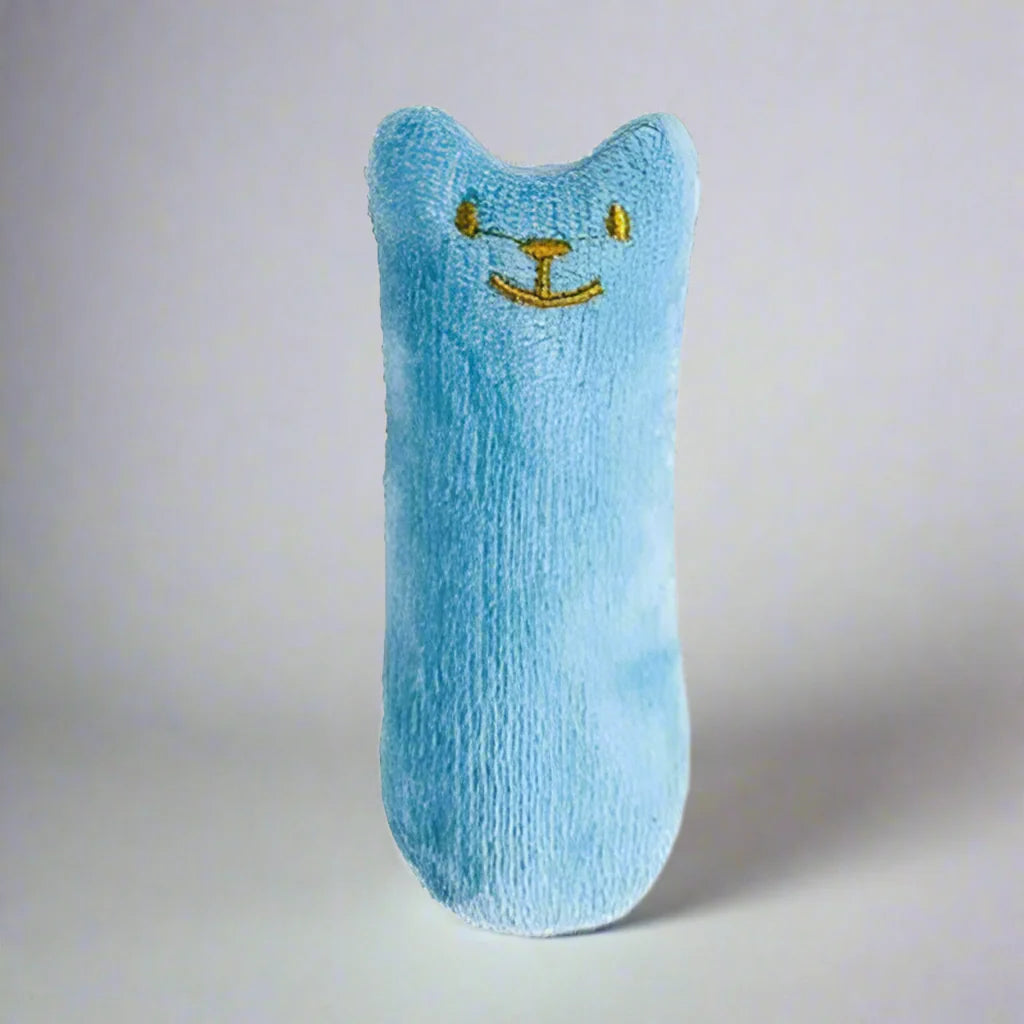 Interactive plush kicker cat toy with blue soft fabric and smiling cat face design