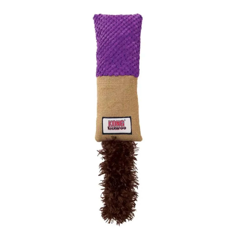 Colorful KONG Kickeroo Cuddler Cat Toy with burlap and fluffy tail.