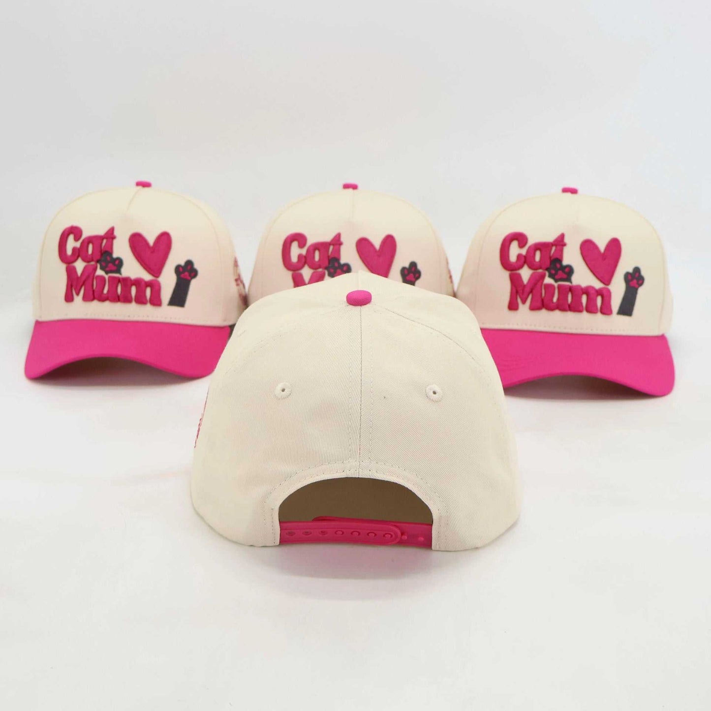 Set of adjustable baseball hats with pink brims and embroidered "Cat Mum" design for pet lovers