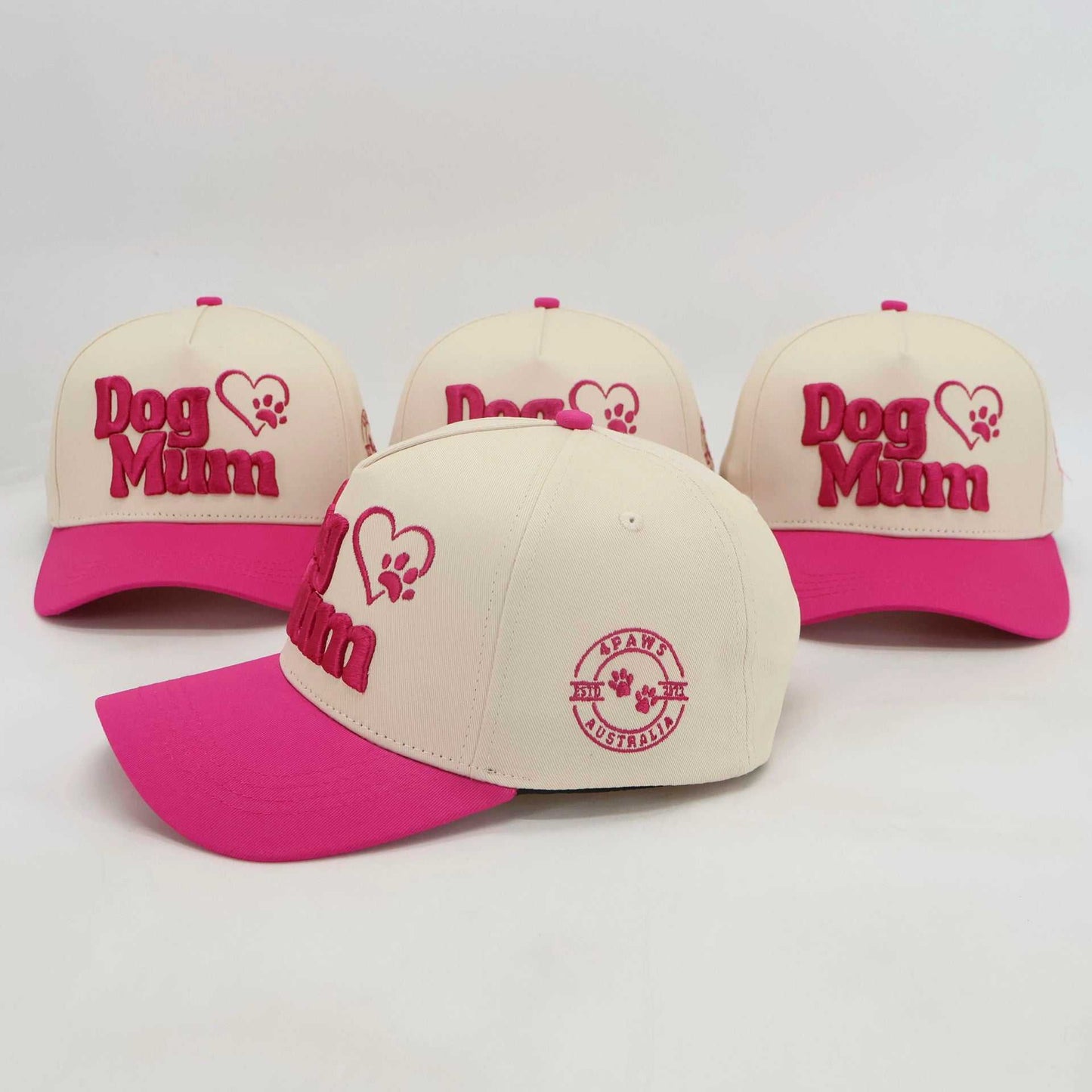 Adjustable Dog Mum baseball hats with pink brim and embroidered design for pet parents