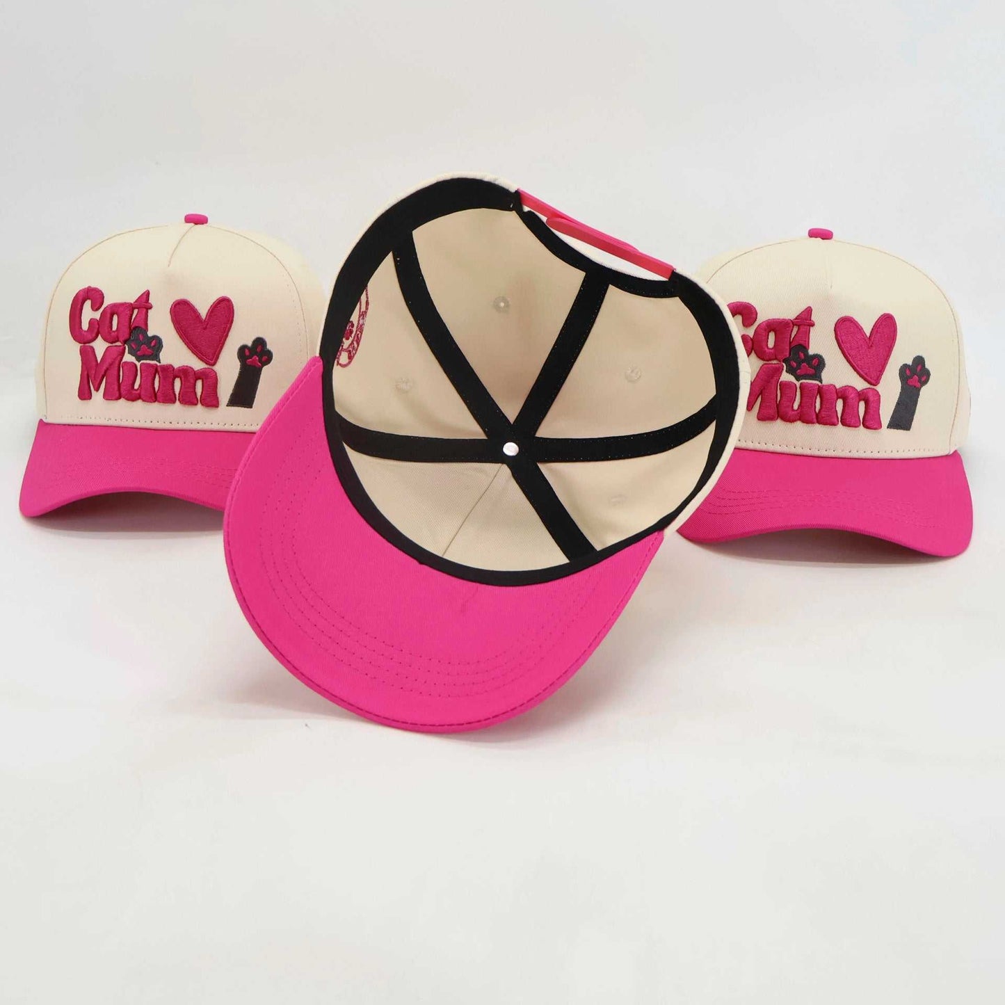 Adjustable pink and cream embroidered Cat Mum baseball hats for pet lovers
