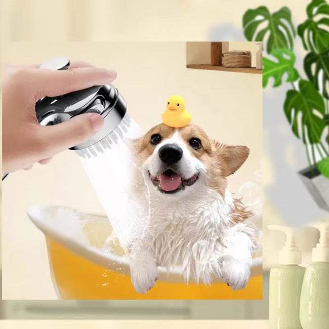 QuietFlow Pet Showerhead for Taps washing a dog in a tub with a rubber duckie accessory.