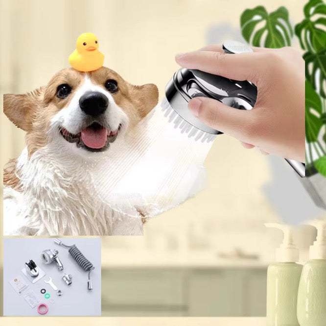 QuietFlow Pet Showerhead with comb and retractable hose rinsing a happy dog under tap for easy pet grooming