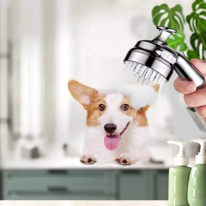 QuietFlow Pet Showerhead for Cats and Dogs with Comb and Wall Mount.