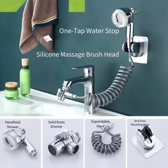QuietFlow Pet Showerhead with hose, silicone massage brush, and wall mount for easy pet grooming.