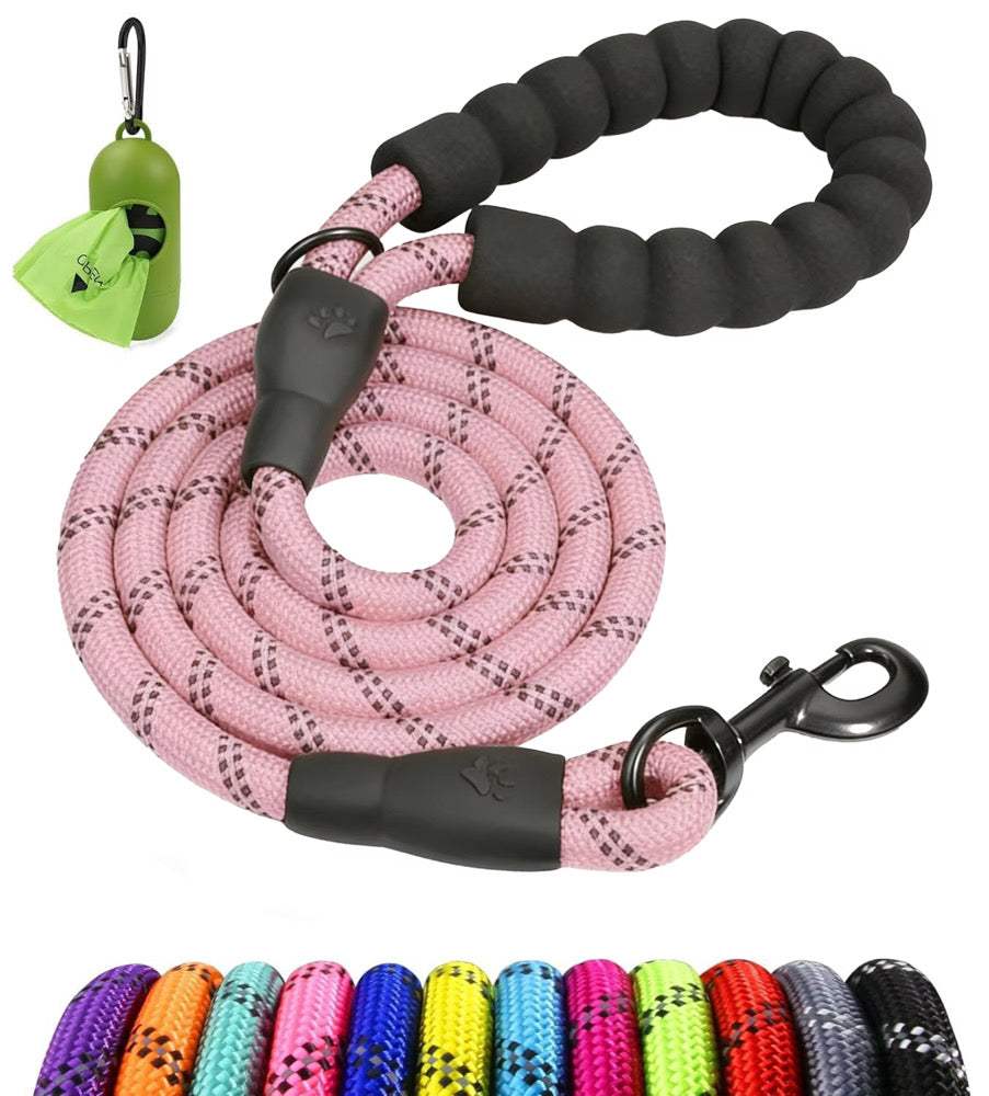 Single padded rope leash for dogs with shock-absorbing bungee and free poop holder