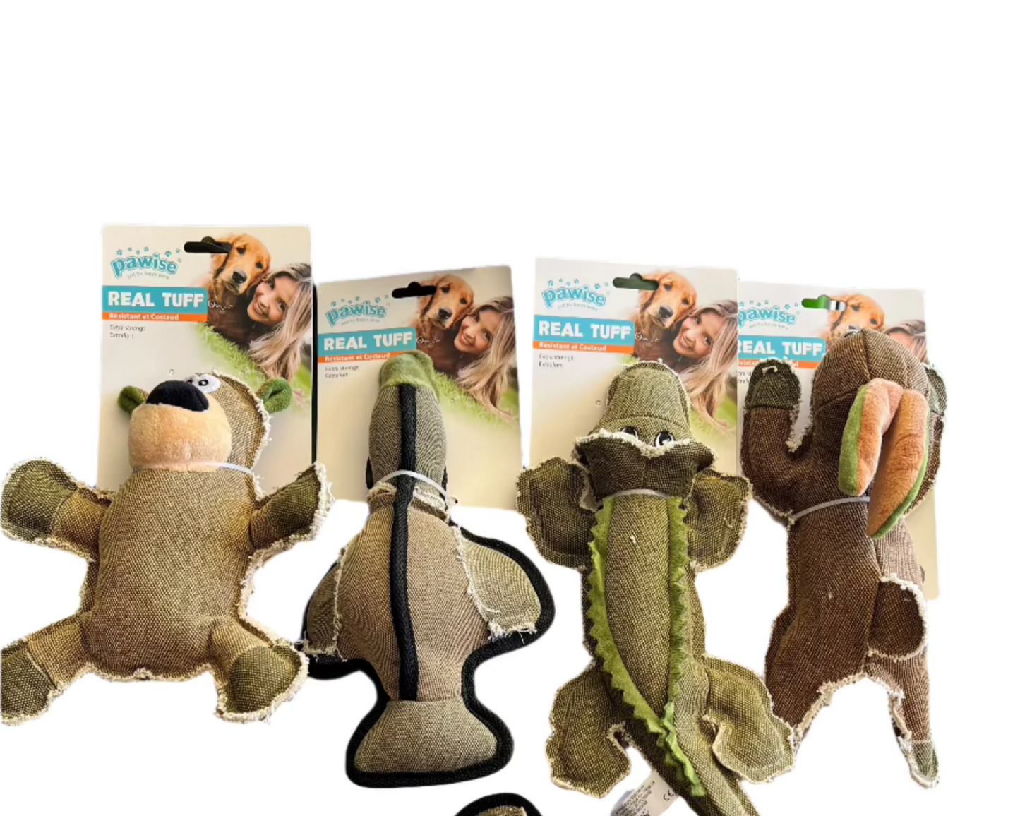 Durable Pawise Real Tuff tough dog toys in bear, duck, crocodile, and rabbit designs for heavy chewers