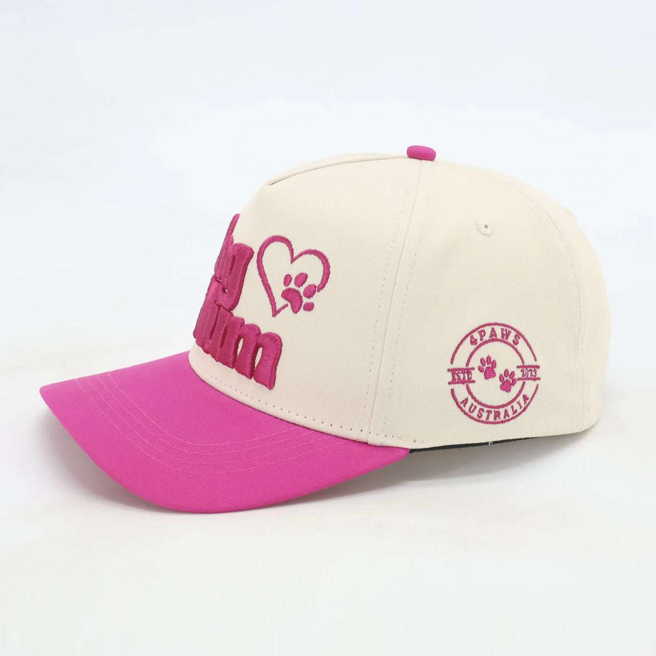 Baseball hat for pet mums with "Dog Mum" embroidery, pink brim.