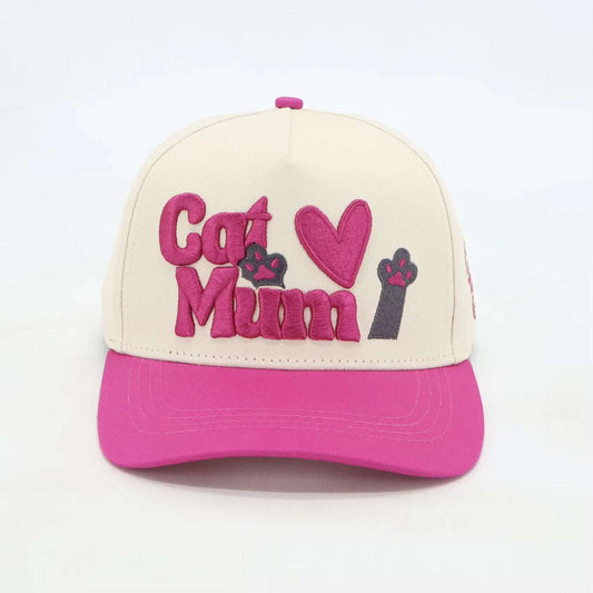Adjustable Cat Mum baseball hat with embroidered pink design and pink brim for pet lovers