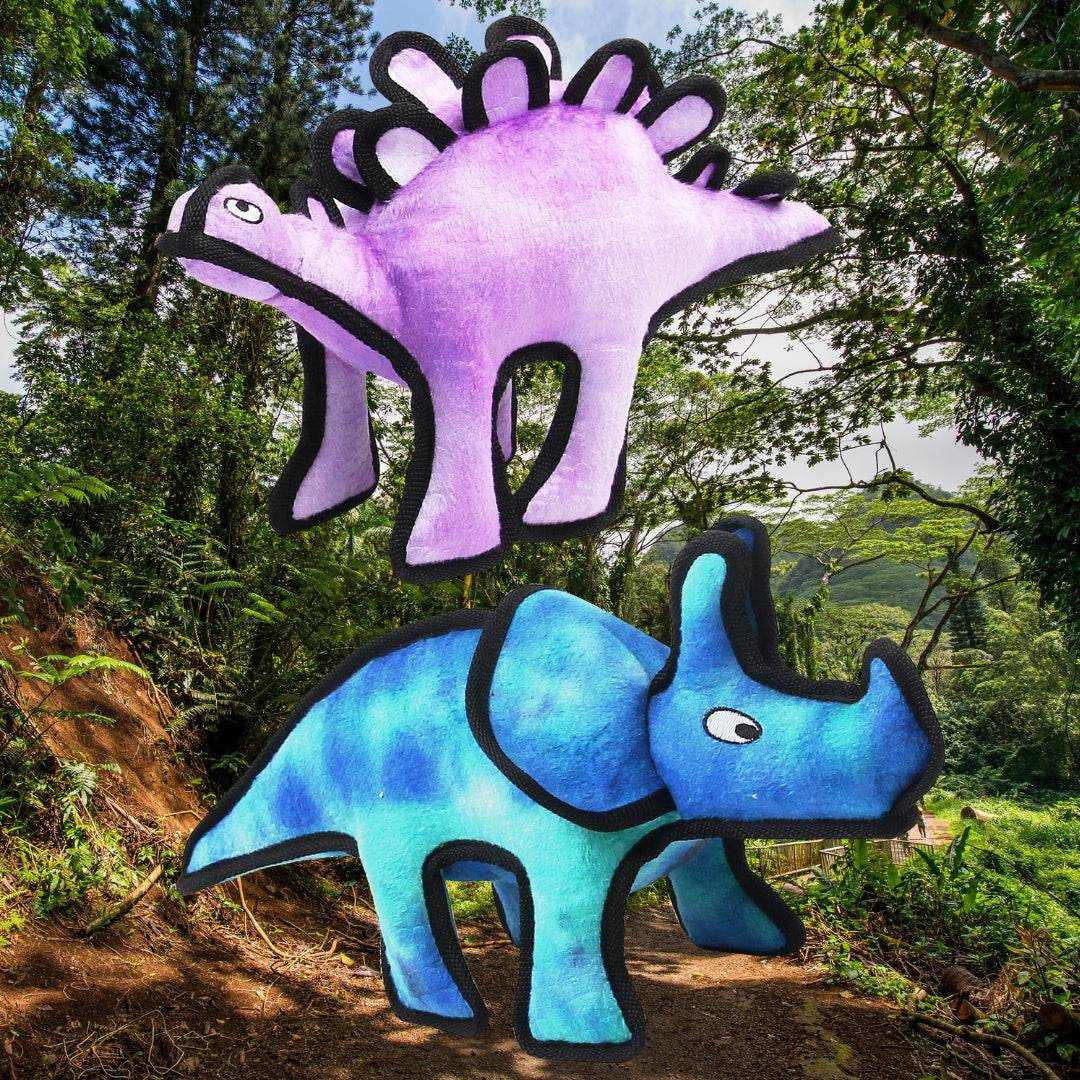 durable tuff toys dinosaur dog chew toys in stegosaurus and triceratops designs with squeaker