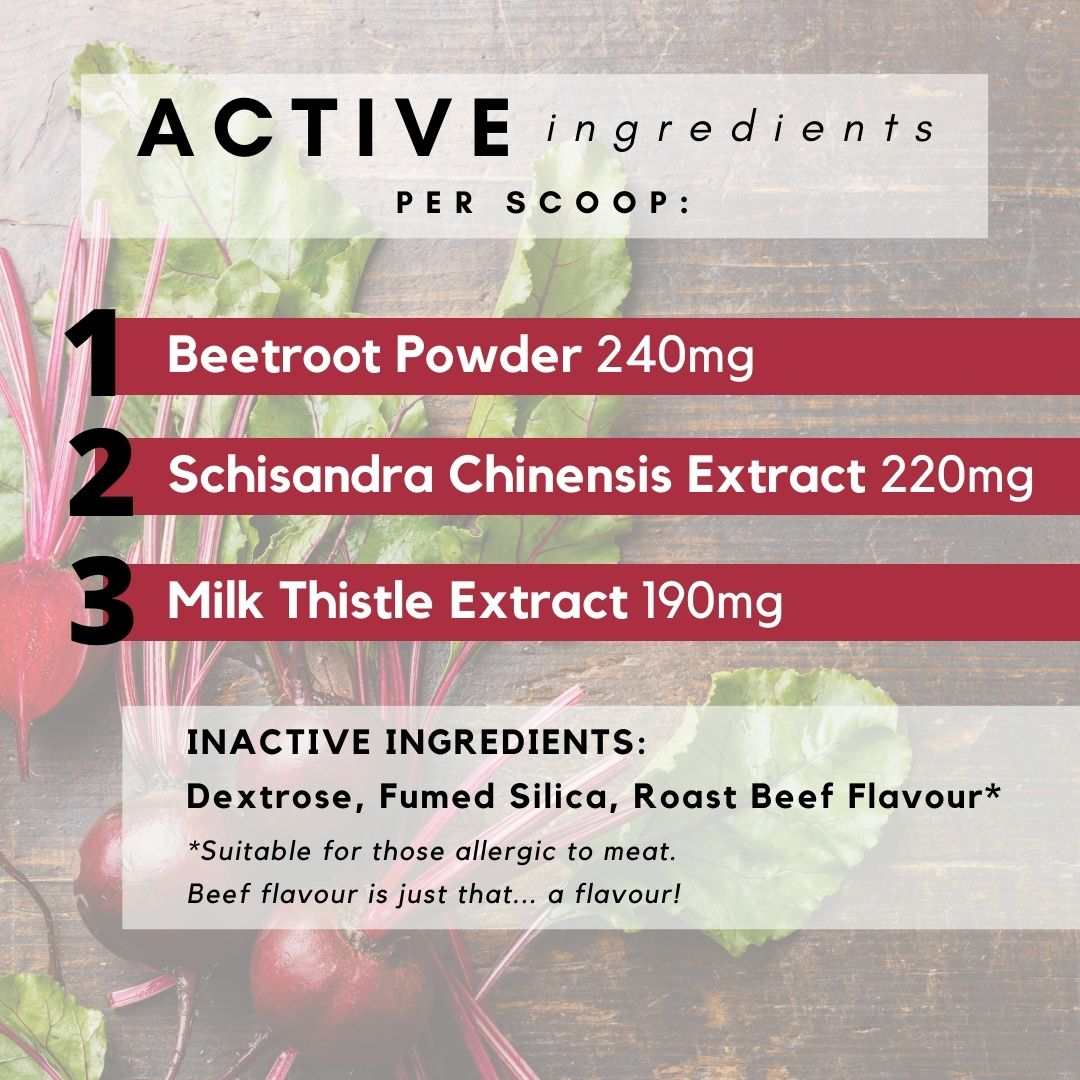 PetzPark Liver Support for Dogs powder with beetroot, schisandra chinensis, and milk thistle extracts for liver detox and protection.