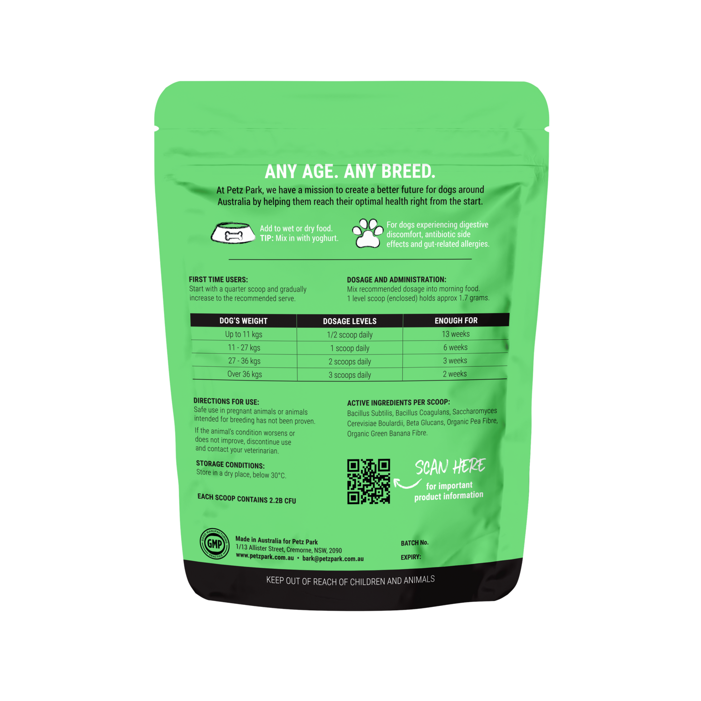 PetzPark Probiotic for Dogs 60 scoop package promoting digestive health and gut flora balance