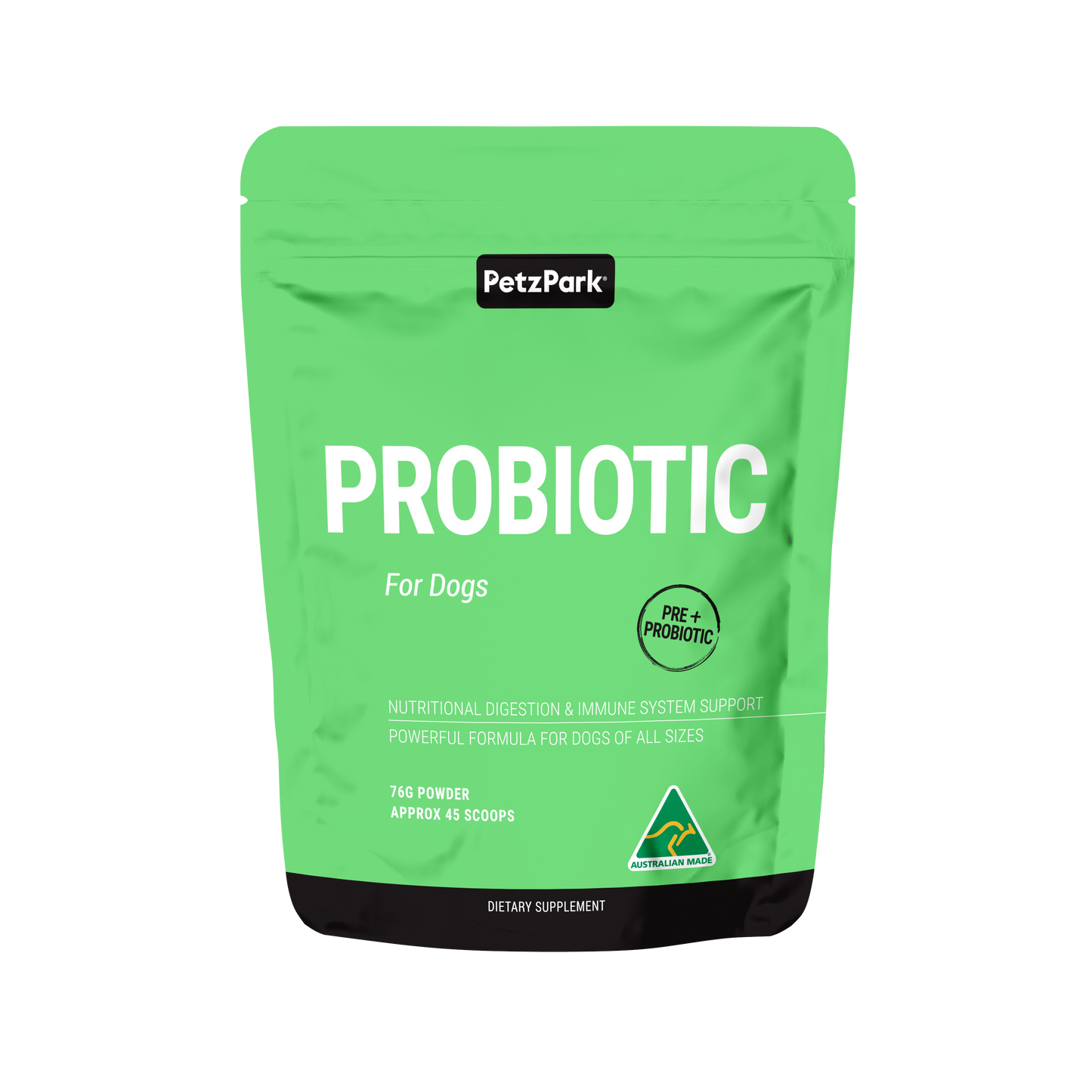 PetzPark Probiotic for Dogs green pouch with prebiotics and probiotics for gut health and digestion support