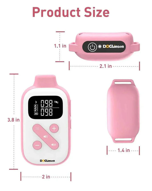 Pink no shock dog training collar remote with dimensions displayed
