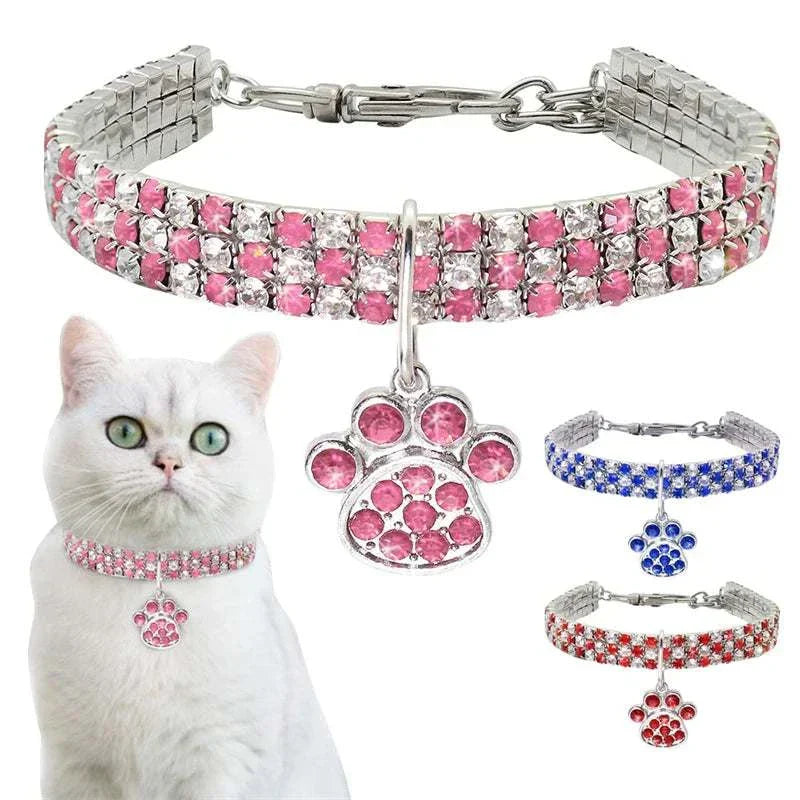 Pretty Kitty's Paw Pendant Cat Collar with diamante rhinestones and extended chain for small to medium pets in pink, blue, red colors