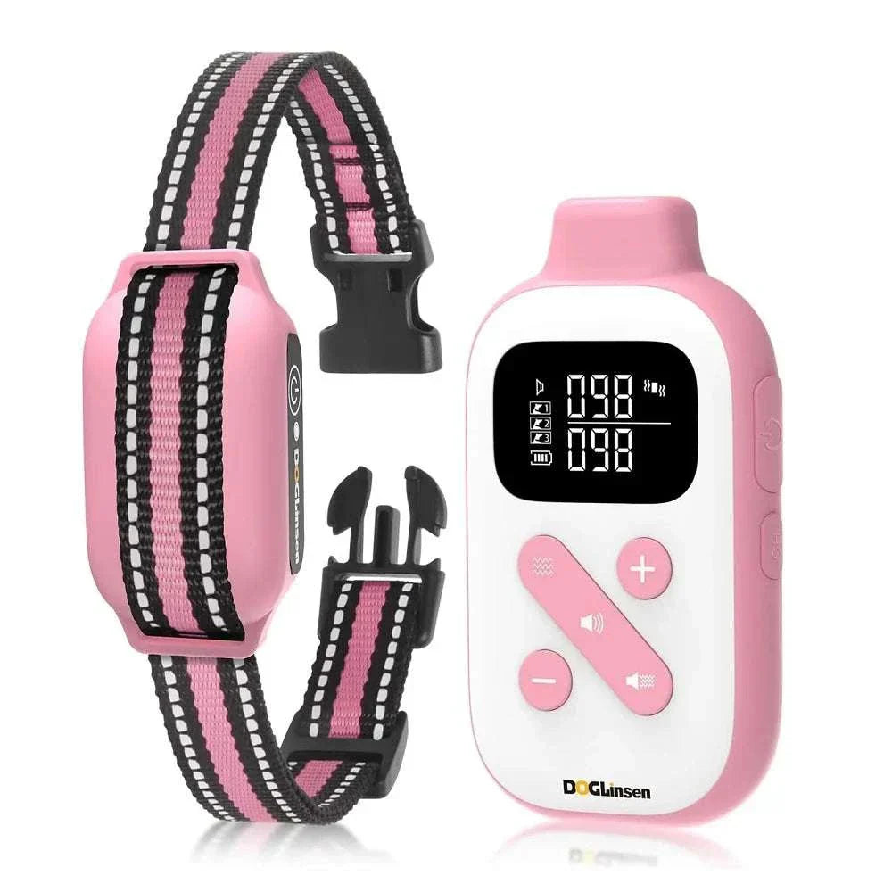 Pink no shock dog training collar with remote control showing digital display and adjustable strap