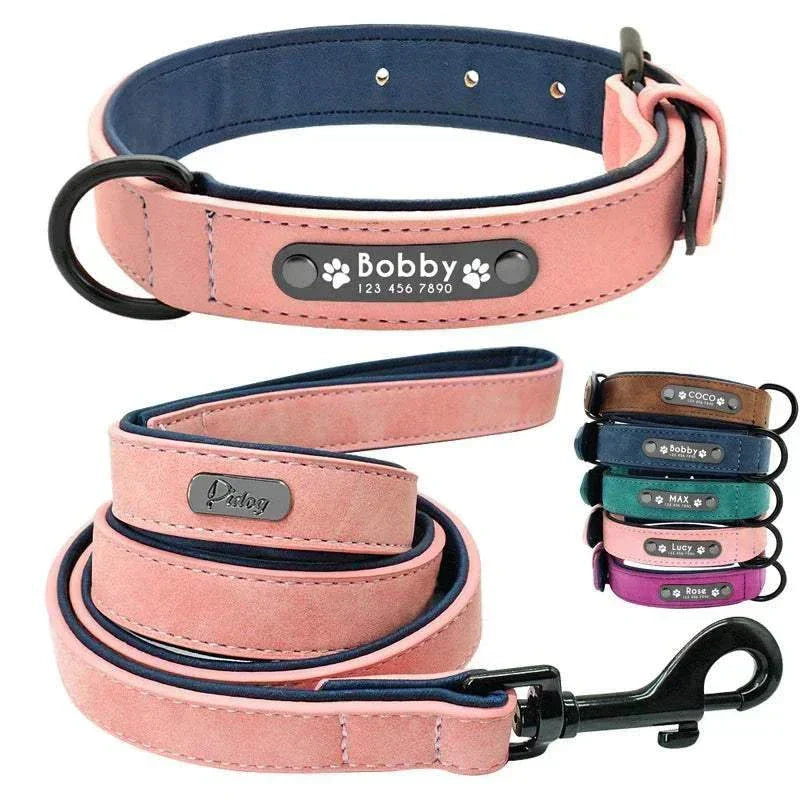 Customised leather dog collar and leash set with personalized name tag in pink and blue colors