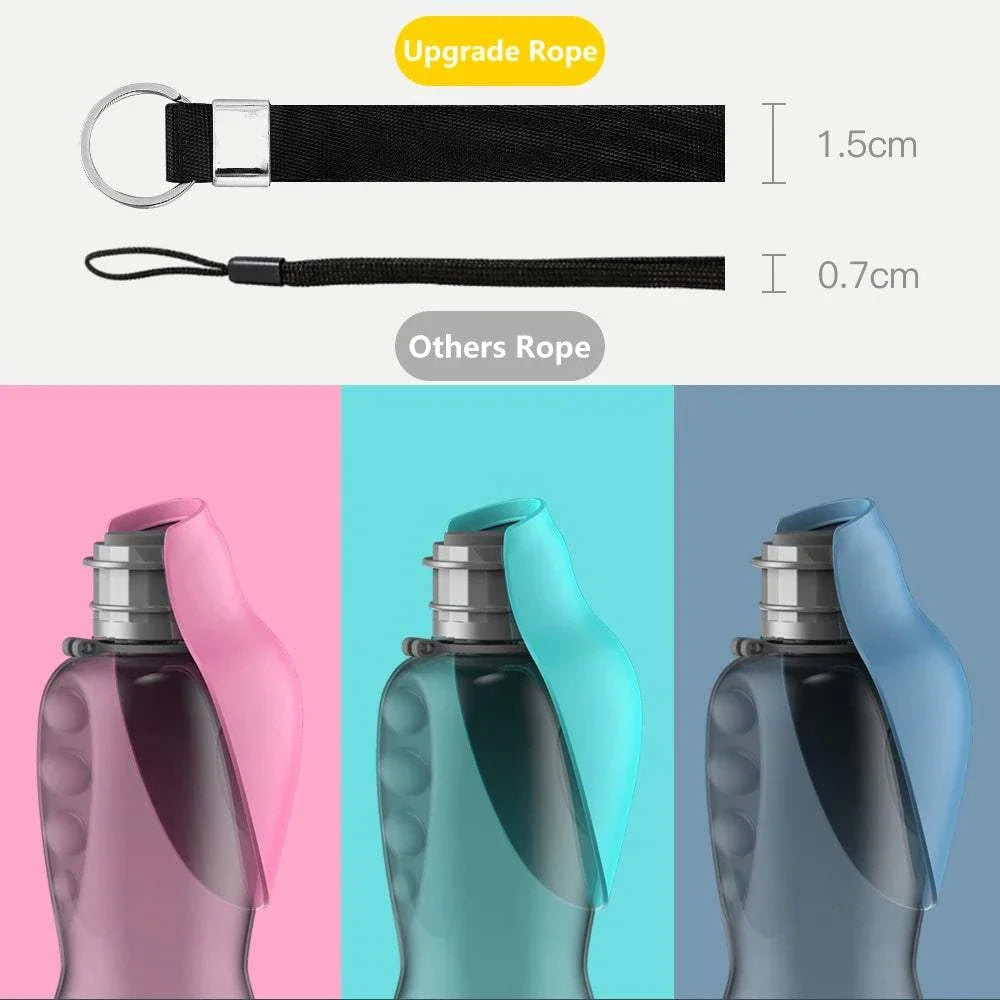 800ML portable dog water bottle with attached drinking bowl in pink, teal, and blue for small and large dogs